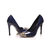 blue patent leather rivet pointed head pump