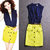 Blue with yellow sleeveless deep V dress with belt