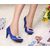 Blue Satin Rhinestone Square Logo Pump