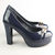 Blue Patent Leather Platform Pump with Metal Logo