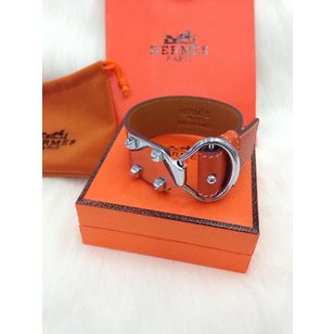 Silver finish Orange leather belt bracelet