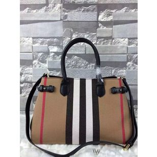 Large check fabric leather trim tote bag