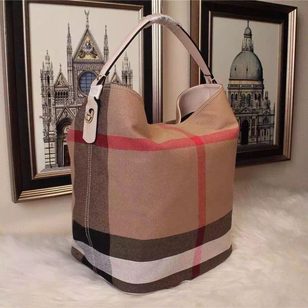 Large check fabric bucket shoulder bag