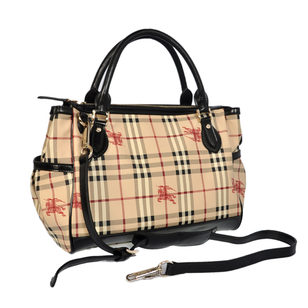 Beige Medium Check Black Leather Trim Handbag Bag with Should Strap