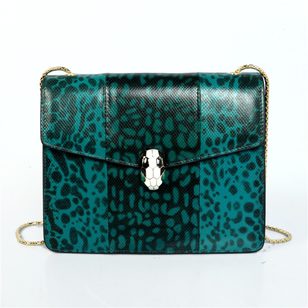 Green Leopard Print Leather Serpenti Snake Closure Medium Bag