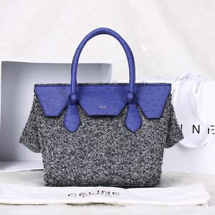 Gray cashmere with blue ostrich leather flap tote