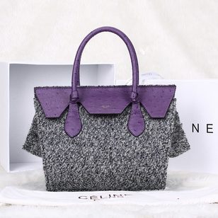 Gray cashmere with purple ostrich leather flap tote