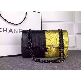 Black with gold real python leather flap bag