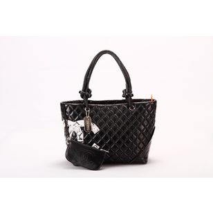 Black Lamb Skin Leather Snake Skin Leather Logo Handle Bag