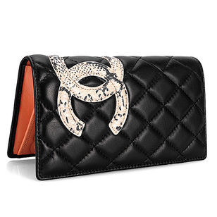 Snake Skin Leather Double C Logo Black Lambskin Leather Wallet