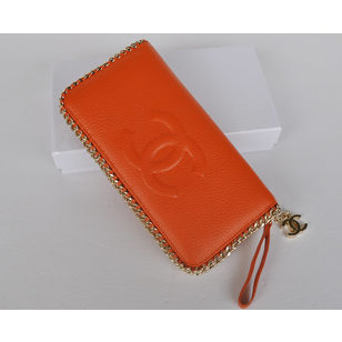 Leather metal chain edge zipper long wallet