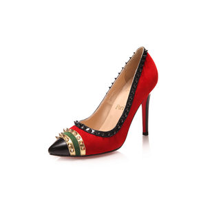 Red suede leather rivet pointed head pump