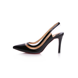 Black patent leather pointed head slingback pump