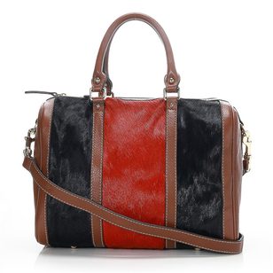 Brown Leather Boston Bag with Calf Hair Leather