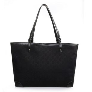 Black Fabric Leather Trim Tote Bag