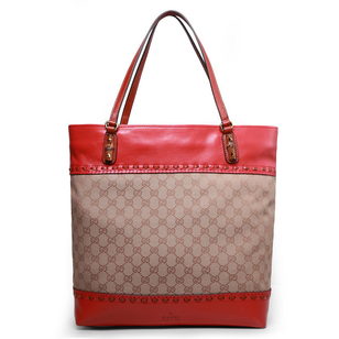 Red leather trim fabric tote