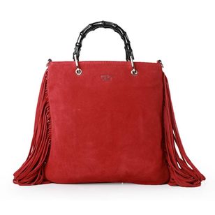 Red suede leather tassel bamboo shopper large tote