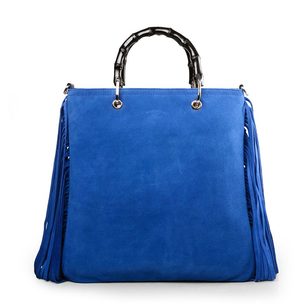 blue suede leather tassel bamboo shopper large tote