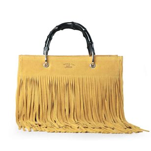 Yellow suede leather tassel bamboo shopper tote