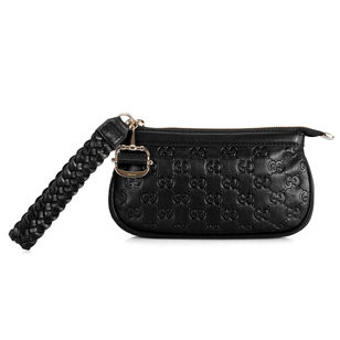 Black GG Embossed Leather Clutch with Woven Wristlet