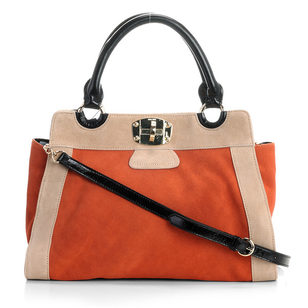 Orange Multi Color Suede Leather Large Turn  Lock Closure Handle Bag