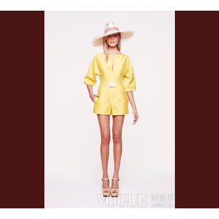 Yellow deep V collar jump suite with belt