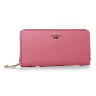 Dark Pink Saffiano Leather Zipper Long Wallet