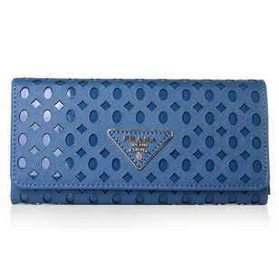 Blue Saffiano Leather Cutout Button Flap Closure Wallet