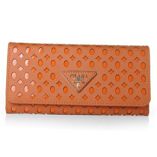 Orange Saffiano Leather Cutout Button Flap Closure Wallet