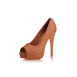 Coffee Leather Woven Peep Toe Pump