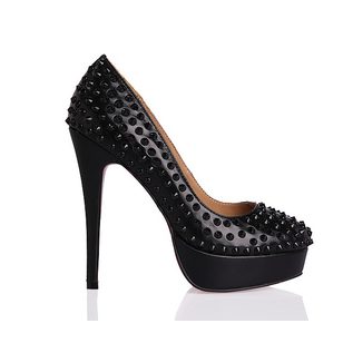 Black Leather Rivets Platform Pump