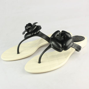 Black Camellia with Beige Flat Flip Flop