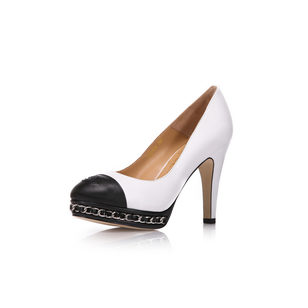 White with black head leather Pump with metal chain platform