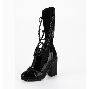 Black patent leather metal chain tieback long boots