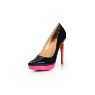 Black patent leather orange heels pink platform pump