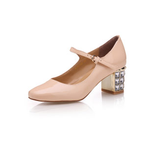 Beige Leather Diamond Heel Mary Janes Pump