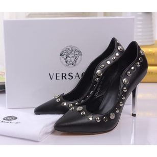 Black leather rivet pump