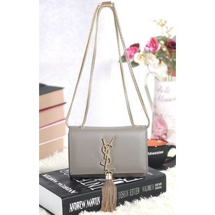 Gray Leather Clutch with Metal Tassel