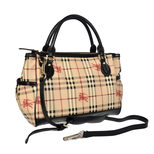 Burberry Beige Medium Check Black Leather Trim Handbag Bag with Should Strap