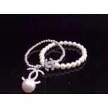 Chanel Silver pearl rhinestone double C pendant bracelet