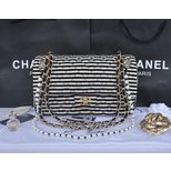 Chanel strip fabric original leather lining with pearl flap bag