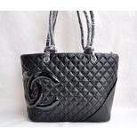 Chanel Black Lamb Skin Leather Patent Leather Logo Handle Bag