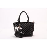 Chanel Black Lamb Skin Leather Snake Skin Leather Logo Handle Bag