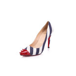 Christian Louboutin Zebra stripe denim with red rivet head pump