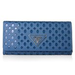 Prada Blue Saffiano Leather Cutout Button Flap Closure Wallet