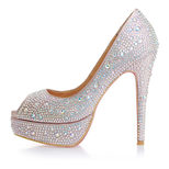 Christian Louboutin Rhinestone Champagne Satin Peep Toe Platform Pump