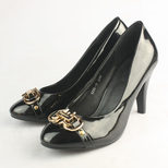 Ferragamo Black Patent Leather Pump with Gold Hardware Logo